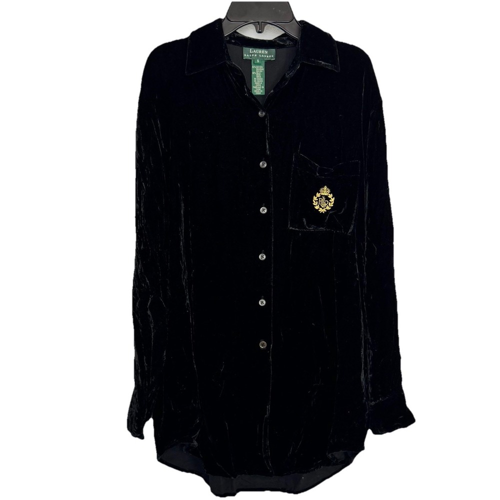 Vintage Ralph Lauren Red Silk Velvet Button Down‎ Shirt S Gold Crest Preppy Luxe